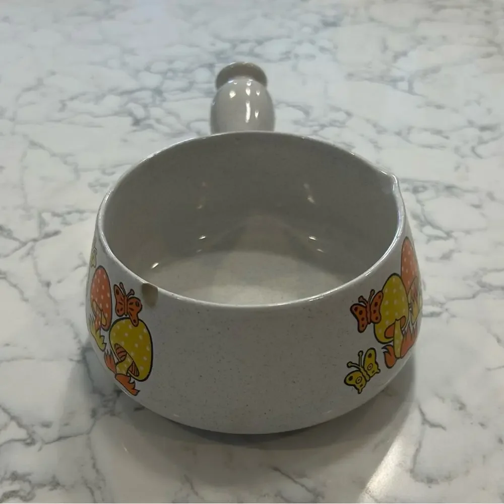 Vintage Royal Sealy Merry Yellow / Orange Mushroom Crock‎ Sauce Pan w/ Handle
